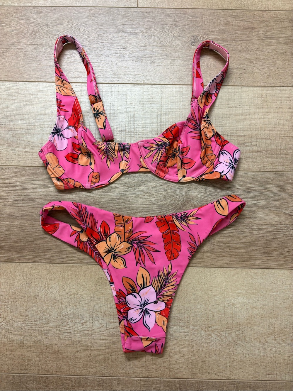 Kulani Kini Underwire Pink Bikini Set with Tropical Print and Thong Bottoms